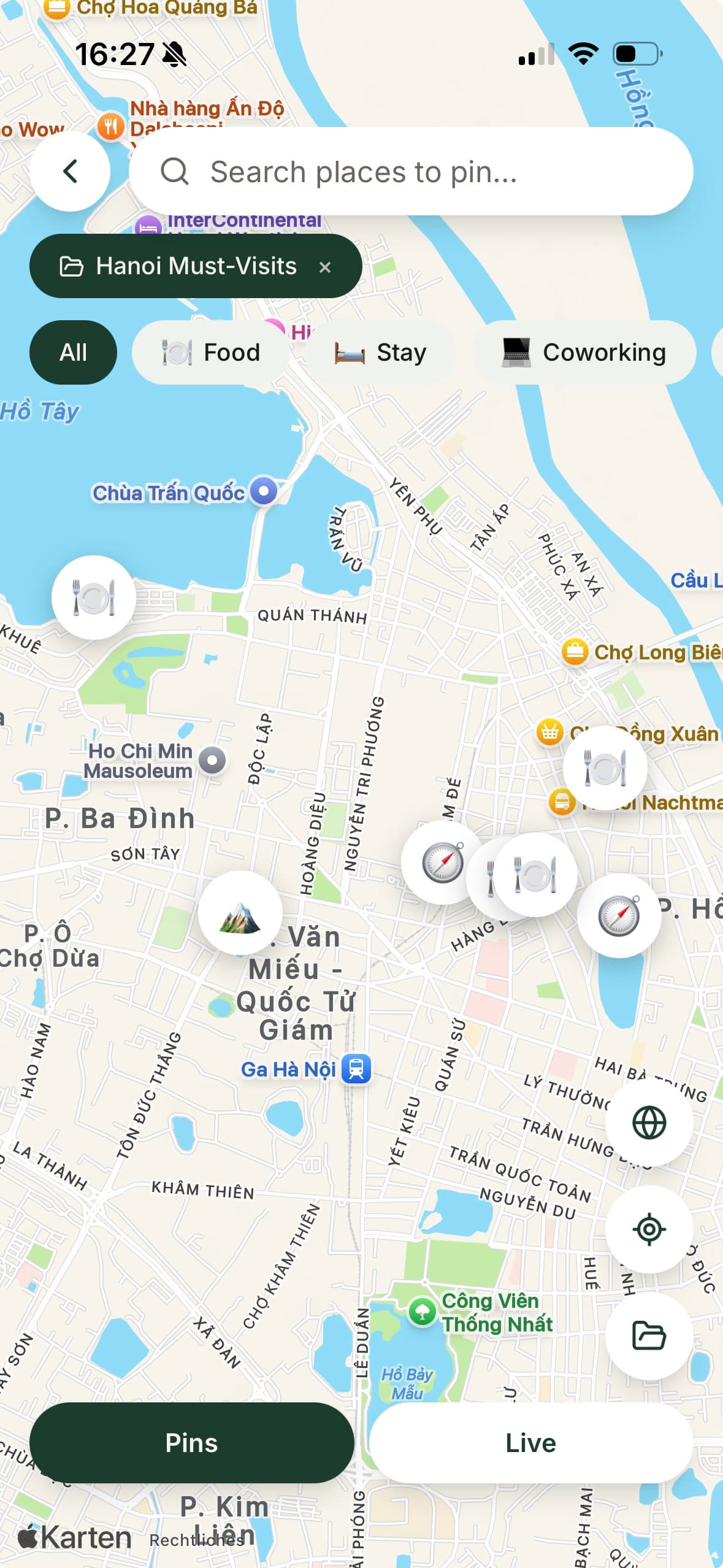ONVA shared travel map with category pins and filters