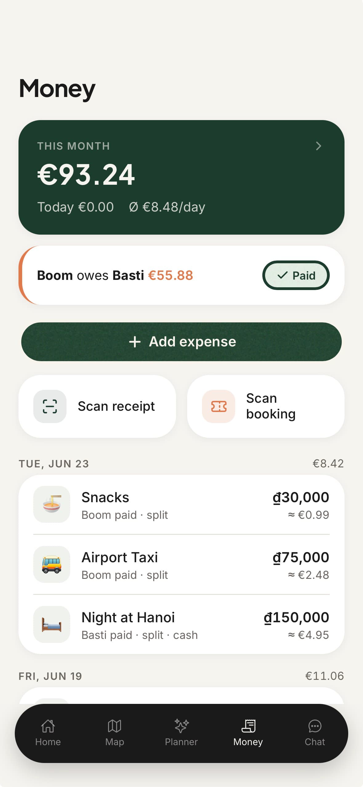 ONVA expense splitting with balances and receipt scanning